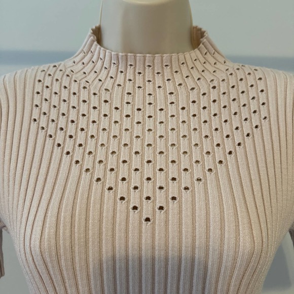 Truth by Republic Cream Ribbed Stretch Mock T Neck Sweater Laser Cut Out Detail - Picture 2 of 10